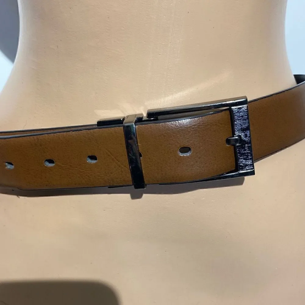 Perry Ellis Men's Black Faux Leather Silver Prong Buckle Single Strap Belt 34/85